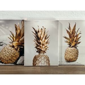 Set of 3 Pineapple Canvas Wall Art Prints Gold Tropical Decor 12x16